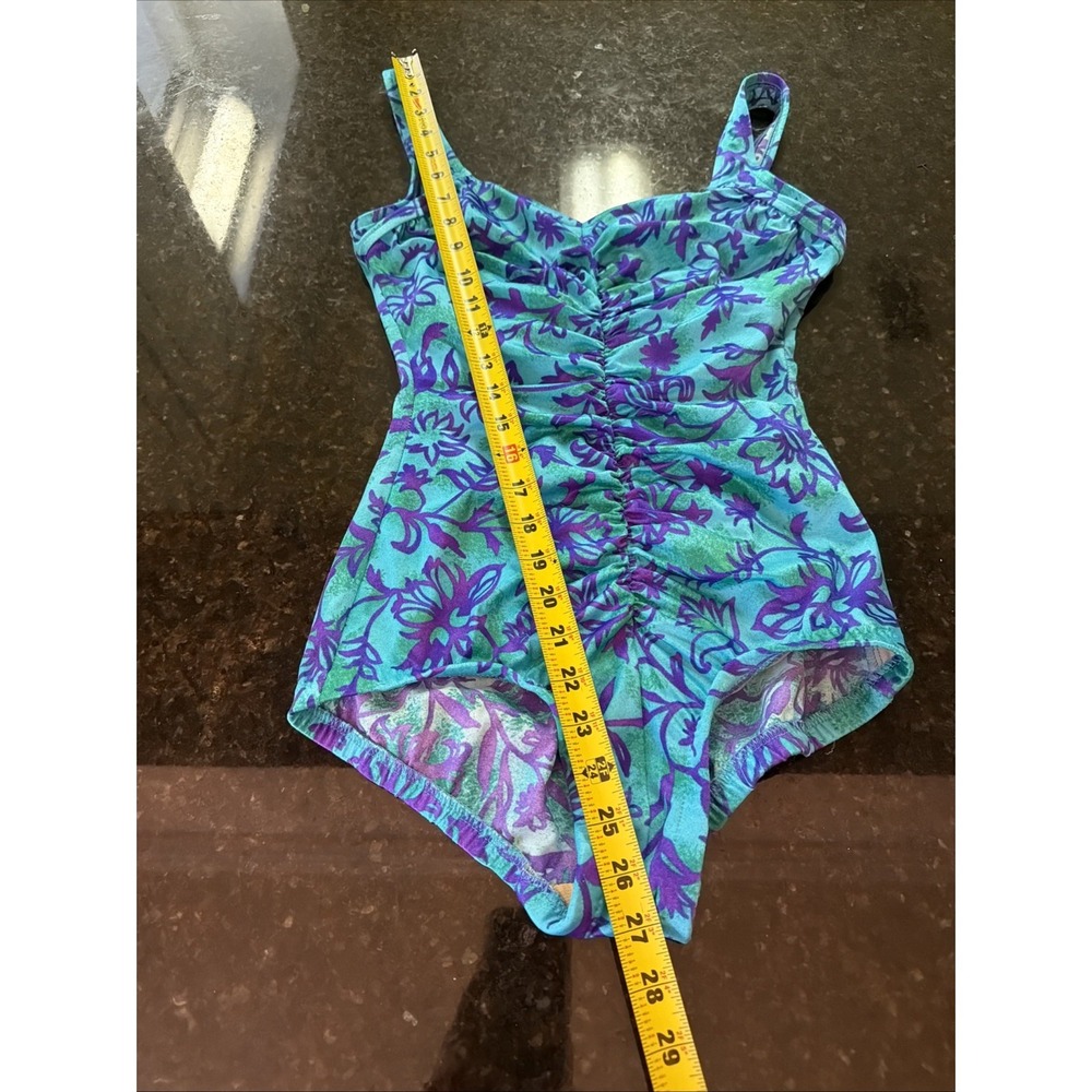 Maxine Of Hollywood Swimsuit One Piece Ruched Slimming Sz 6/8 Blue Floral Modest - Picture 10 of 12